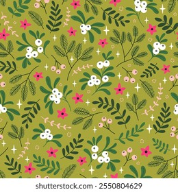 Merry Christmas, Happy New Year seamless pattern with winter flowers, holly leaves and berries for greeting cards, wrapping papers. Seamless winter pattern. Vector illustration. Hand drawn.