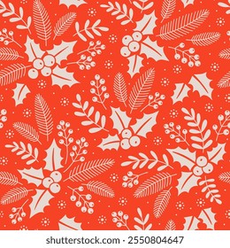 Merry Christmas, Happy New Year seamless pattern with winter flowers, holly leaves and berries for greeting cards, wrapping papers. Seamless winter pattern. Vector illustration. Hand drawn.