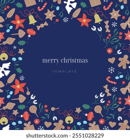 Merry Christmas and Happy New Year greeting card, invitation, poster, holiday cover template. Modern flat floral square frame and background design. Vector round arch.