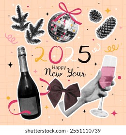 Merry Christmas, Happy New Year set 2025. Halftone effect. Trendy collage. 90s Dots. Vintage style. Champagne, hand with glass, spruce cone, disco ball, bow. Poster, greeting card. Vector illustration