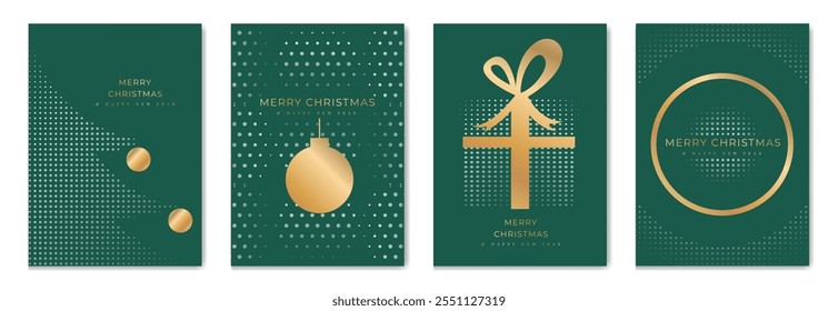 Conjunto de Vector de tarjeta de felicitación de feliz Navidad y feliz año Nuevo. Invitación de lujo con el árbol de navidad, regalo, chuchería, textura del punto en fondo verde. Ilustración de diseño para la tarjeta de la temporada, anuncios.