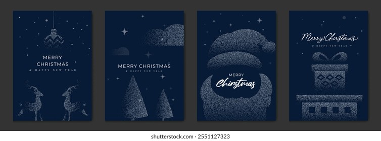 Merry Christmas and Happy New Year greeting card vector set. Luxury invitation with Christmas tree, reindeer, santa, spot texture on navy blue background. Design illustration for season's card, ads.