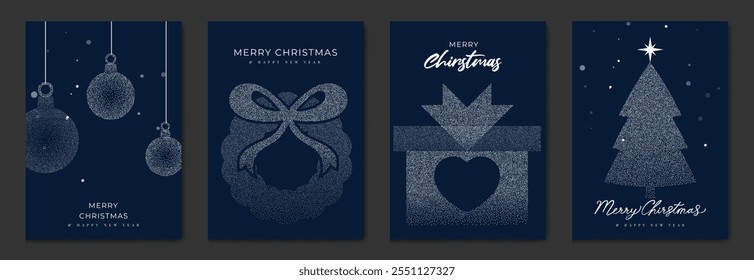 Conjunto de Vector de tarjeta de felicitación de feliz Navidad y feliz año Nuevo. Invitación de lujo con árbol de Navidad, corona, regalo, textura del punto en el fondo azul marino. Ilustración de diseño para la tarjeta de la temporada, anuncios.