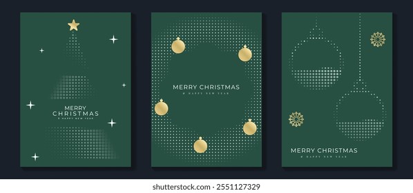 Merry Christmas and Happy New Year greeting card vector set. Luxury invitation with Christmas tree, wreath, bauble, spot texture on green background. Design illustration for season's card, ads.