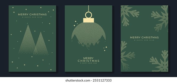 Merry Christmas and Happy New Year greeting card vector set. Luxury invitation with Christmas tree, gift, snowflake, spot texture on green background. Design illustration for season's card, ads.