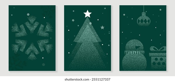 Merry Christmas and Happy New Year greeting card vector set. Luxury invitation with Christmas tree, gift, snowman, spot texture on green background. Design illustration for season's card, ads.