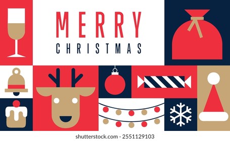 Merry Christmas. Happy New Year greeting card 2025. Christmas geometric background. Seamless pattern with simple traditional icons, graphic new year design. Modern vector illustration