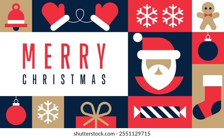 Merry Christmas. Happy New Year greeting card 2025. Christmas geometric background. Seamless pattern with simple traditional icons, graphic new year design. Modern vector illustration