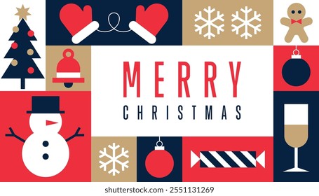 Merry Christmas. Happy New Year greeting card 2025. Christmas geometric background. Seamless pattern with simple traditional icons, graphic new year design. Modern vector illustration