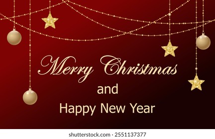 Merry Christmas and happy New Year template. horizontal card with dangling beads, shiny stars, Christmas balls. bright vector illustration en red and gold. for greeting, backdrop, invitation, poster