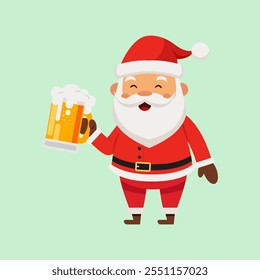 Feliz Navidad y feliz año nuevo con linda Santa Claus bebiendo cerveza de alcohol en la temporada invernal Fondo verde, diseño de vestuario de personaje de dibujos animados de Ilustración vectorial plana