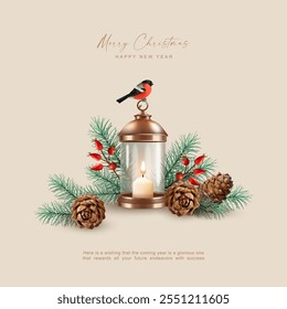 Merry Christmas and Happy New Year banner with copper lamp, fir branches, cones and bird