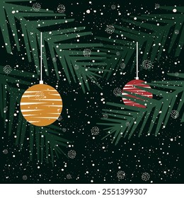 Merry Christmas and Happy New Year greeting card.Beautiful Xmas design with typography,Christmas tree branches,balls and snow.Text for cold season celebration.Winter days.Great for banners,wallpapers.