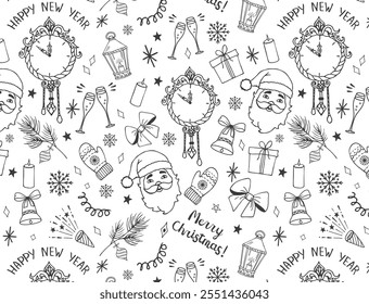 Merry Christmas and Happy New Year seamless background. A hand-drawn pattern. Vector illustration in doodle style for printing and wallpaper. Santa Claus, antique clock, glasses, fir tree