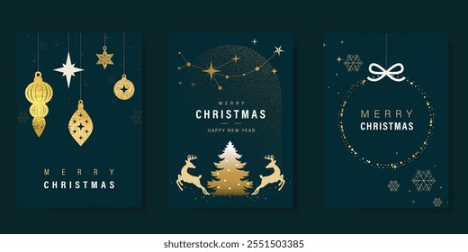 Merry Christmas and Happy New Year greeting card vector set. Luxury invitation with Christmas tree, reindeer, bauble, spot texture on navy blue background. Design illustration for season's card, ads.