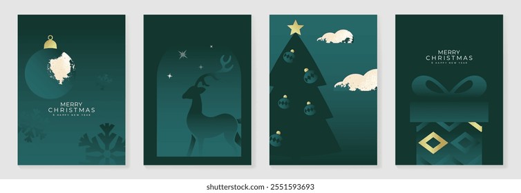 Merry Christmas and Happy New Year greeting card vector set. Luxury invitation with Christmas tree, reindeer, bauble, gift on green background. Design illustration for season's card, ads.