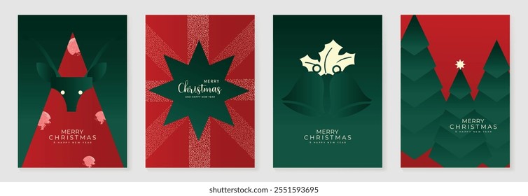 Merry Christmas and Happy New Year greeting card vector set. Luxury invitation with Christmas tree, reindeer, bell, dot texture on green and red background. Design illustration for season's card, ads.