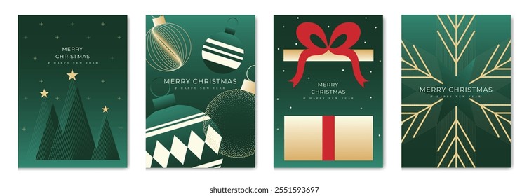 Merry Christmas and Happy New Year greeting card vector set. Luxury invitation with Christmas tree, bauble, gift, spot and line texture on green background. Design illustration for season's card, ads.