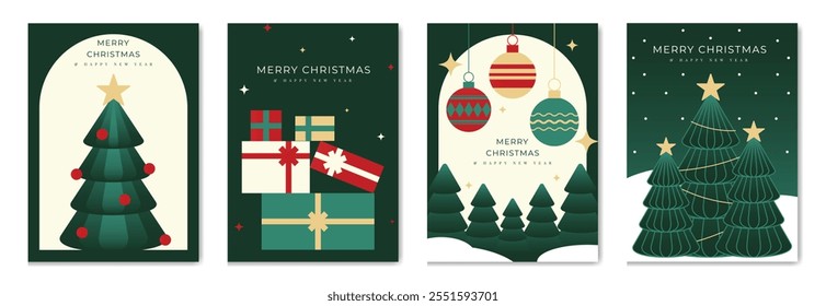 Merry Christmas and Happy New Year greeting card vector set. Luxury invitation with Christmas tree, bauble, gift on green and beige background. Design illustration for season's card, ads.