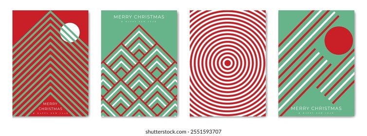 Merry Christmas and Happy New Year greeting card vector set. Luxury invitation with Christmas tree, line pattern on green and red background. Design illustration for season's card, ads.