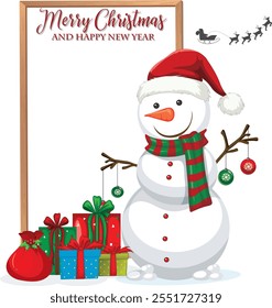 merry Christmas and happy new year wishes template with snowman .