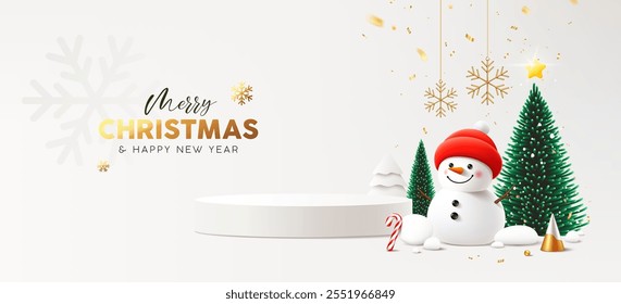 Merry Christmas and happy new year podium, Snowman, pine tree, greeting card banner design on white background, Eps 10 vector illustration