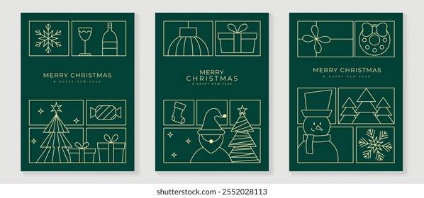 Merry Christmas and Happy New Year greeting card vector set. Luxury invitation with Christmas tree, wreath, santa, snowman, line art on green background. Design illustration for season's card, ads.