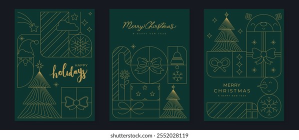 Merry Christmas and Happy New Year greeting card vector set. Luxury invitation with Christmas tree, snowman, reindeer, gold line art on green background. Design illustration for season's card, ads.