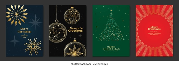 Merry Christmas and Happy New Year greeting card vector set. Luxury invitation with Christmas tree, spot bauble on green, red, navy blue, dark background. Design illustration for season's card, ads.