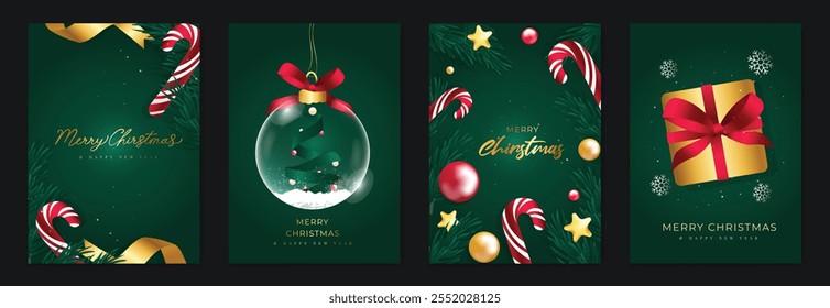 Merry Christmas and Happy New Year greeting card vector set. Luxury invitation with Christmas tree, bauble, foliage, gift, candy cane on green background. Design illustration for season's card, ads.