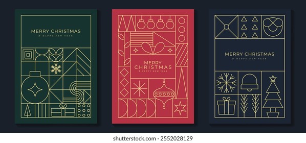 Conjunto de Vector de tarjeta de felicitación de feliz Navidad y feliz año Nuevo. Invitación de lujo con árbol de Navidad, corona, arte de línea sobre fondo verde, rojo y azul marino. Ilustración de diseño para la tarjeta de la temporada, anuncios.