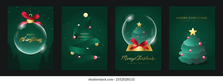 Conjunto de Vector de tarjeta de felicitación de feliz Navidad y feliz año Nuevo. Invitación de lujo con árbol de Navidad, chuchería, globo de nieve sobre fondo verde. Ilustración de diseño para la tarjeta de la temporada, anuncios.