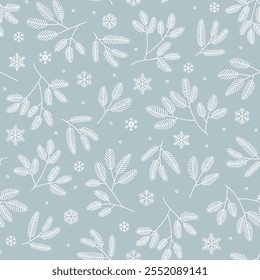 Merry Christmas, Happy New Year seamless pattern with winter flowers, holly leaves,  snowflakes and berries for greeting cards, wrapping papers. Seamless winter pattern. Vector illustration.