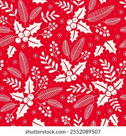 Merry Christmas, Happy New Year seamless pattern with winter flowers, holly leaves and berries for greeting cards, wrapping papers. Seamless winter pattern. Vector illustration. Hand drawn.