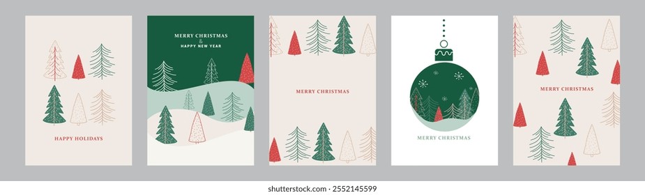 Merry Christmas and Happy New Year greeting card set. Christmas minimal banner design with festive trees with snow ball and other ornaments. 