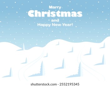 Merry christmas and happy new year greeting card. Winter xmas landscape snow falling