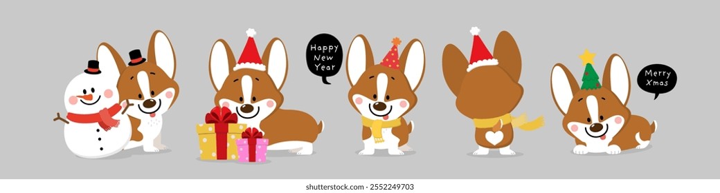 Merry Christmas and happy new year with cute corgi puppy dog in winter costumes. Animal holidays cartoon characters. -Vector