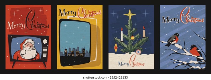 Merry Christmas and Happy New Year. Retro Christmas Postcard Style Illustrations. Vector Templates for Hoiday Party, Event. Bullfinches, Santa Claus, Christmas Tree