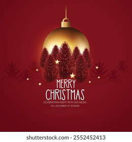 Feliz Navidad y feliz año nuevo Celebre la temporada de Navidades con esta elegante invitación con adornos de oro y tipografía festiva. alegre reunión navideña con música en vivo el 24 de diciembre