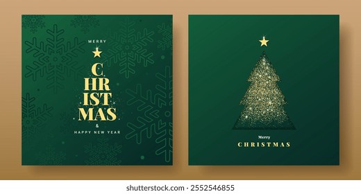 Frohe Weihnachten und Frohes neues Jahr Grußkarte oder Banner. Luxus-Weihnachtsdesign mit goldener Typografie, Bälle, Schneeflocken, Weihnachtsbaum und Glitter auf grünem Hintergrund