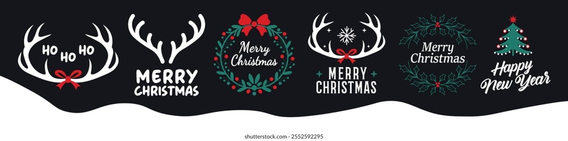 Merry Christmas. Happy New Year, 2025. Typography labels set. Vector logo, emblems, text design. Usable for banners, greeting cards, gifts