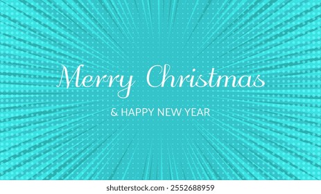 Merry Christmas and Happy New Year backdrop in pop art style. Blue comic book halftone dotted background for Christmas holiday greeting card. Vector illustration