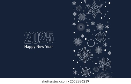 Merry Christmas and Happy New Year festive design with border made of beautiful snoflakes in modern line art style. Winter blue background with falling snow and firework. Xmas decoration. 