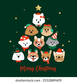 Merry Christmas and Happy New Year greeting card with collection of cute dogs forming Christmas tree shape