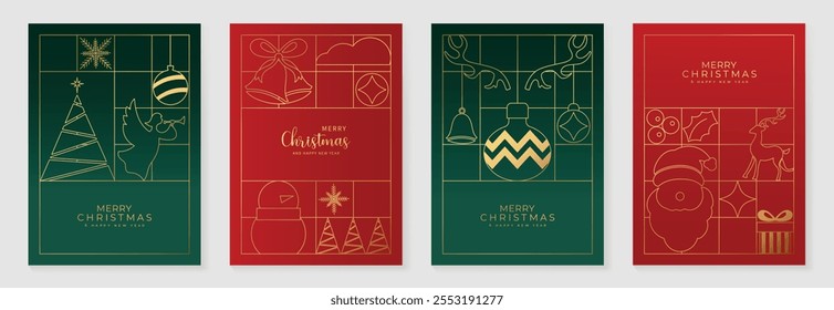 Feliz Natal e feliz ano novo cartão de cumprimentos conjunto vetor. Convite de luxo com árvore de Natal, santa, rena, line art em fundo verde e vermelho. Ilustração de design para o cartão da estação, anúncios.