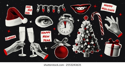 Merry Christmas and Happy New Year. Set of vectors cut out and glitter holiday elements. Trendy decor with halfton effect for a greeting card, collage, cover design.