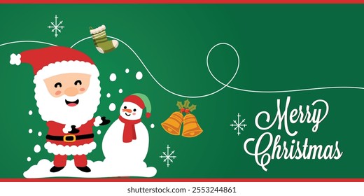 Merry christmas and happy new year greeting card with cute funny Santa Claus and Cute snowman.