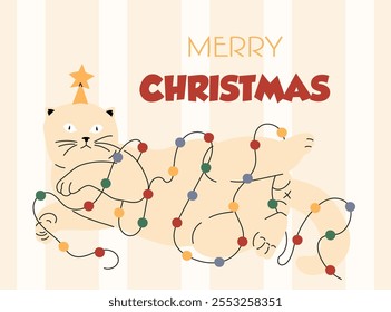 Merry Christmas and Happy New Year greeting card with a cat tangled in a garland. Cute holiday postcard. Vector flat illustration in trendy colors.