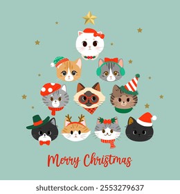 Merry Christmas and Happy New Year greeting card with collection of cute cats forming Christmas tree shape