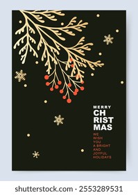 Merry Christmas and Happy New Year greeting card. Beautiful Xmas banner template with Christmas tree branches and snowflakes. Vector design for poster, cover, mobile app, social media, flyer